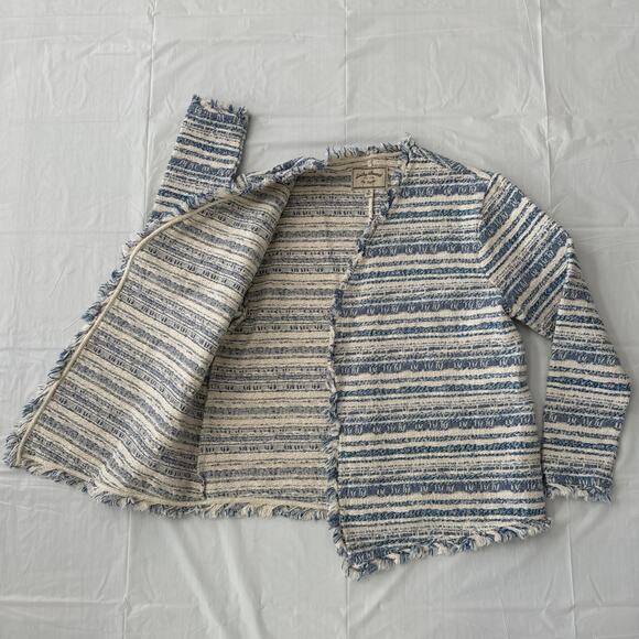 Lucky Brand tweed striped blue & cream open front fringed jacket size medium - Picture 5 of 10